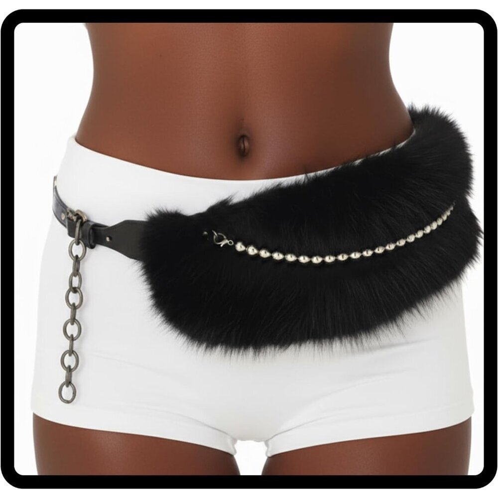 Faux Fur Belt Women Wide Chunky Waist Chain Accessory for Dresses Pants